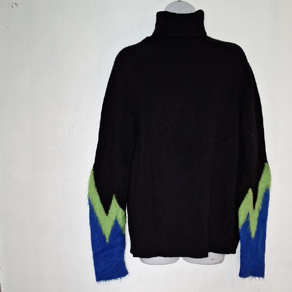 Black Turtleneck Sweater with Blue and Green Accents
